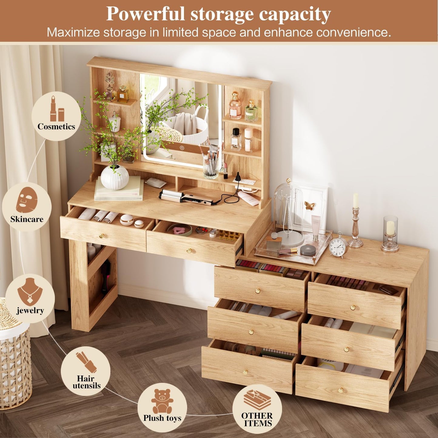 Makeup Vanity Desk with Mirror and Lights, Vanity Desk with 8 Drawers & Storage Shelves, Vanity Table with Power Outlet, 3 Color Modes & Adjustable Brightness Dressing Table, Bedroom,Oak2