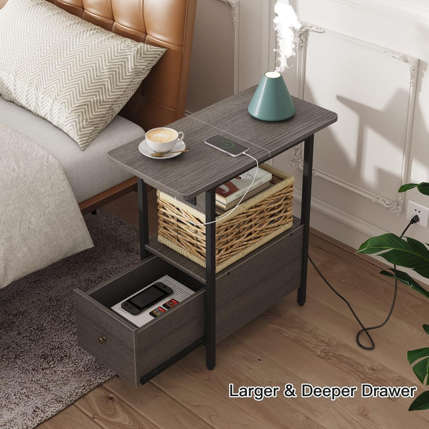 LIDYUK End Table with Charging Station, Narrow Side Table with Drawer and USB Ports & Power Outlets, Nightstand Bedside Tables for Small Spaces, Bedroom, Living Room, Dark Grey, Set of 2