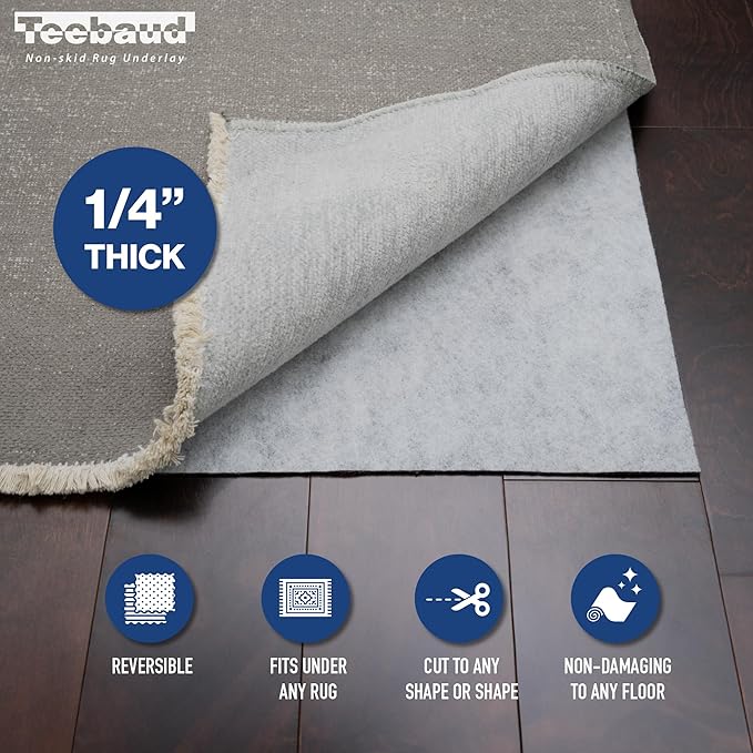 5' x 7' Non-Slip Rug Pad, Reversible Gripper, Non Skid Pads for Hardwood, Vinyl, Tile, Laminate Floors, Keep Area Rugs Secure, Natural Materials Safe for Indoor Flooring, ¼” Thick