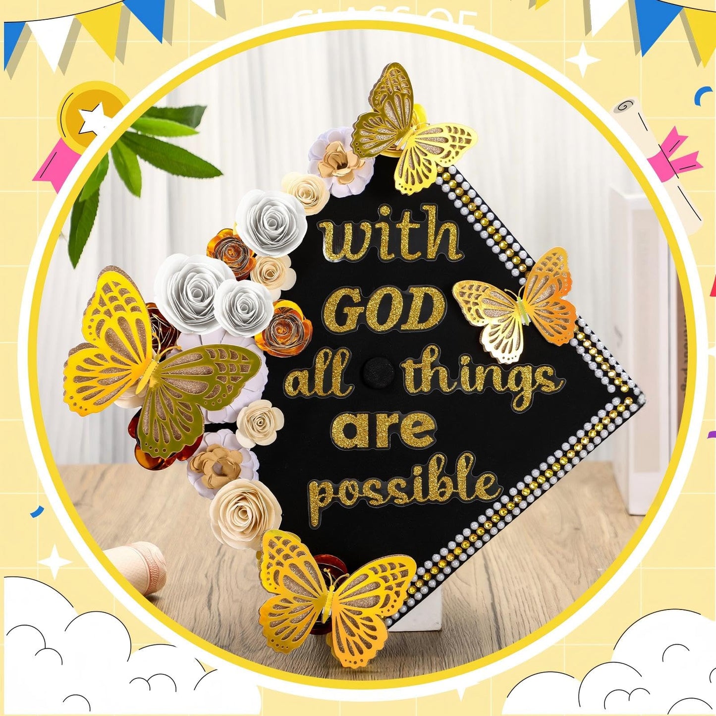 Feifeiya 44 Pcs DIY Graduation Cap Decoration Accessory Kit Faux Paper Flower Head Graduation Quote Glitter Sticker 3D Butterfly Pearl Rhinestone Sticker for Grad Cap Topper Gift(Gold)