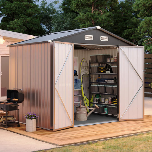 Aoxun 8x6FT Shed with Floor Galvanized Steel Outdoor Storage Shed Metal Garden Shed with Double Doors, Moisture-Proof Floor & Ventilation, Sloped Roof for Bike/Generator/Tool Storage (Brown)
