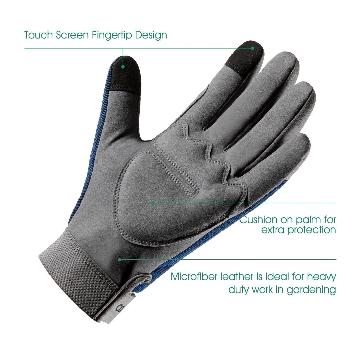 COOLJOB Thorn Proof Garden Gloves with Touchscreen Fingers for Men, Rose Pruning Work Gloves with Palm Cushion for Gardener, Farmer and Landscaper (Navy 1 Pair Large)