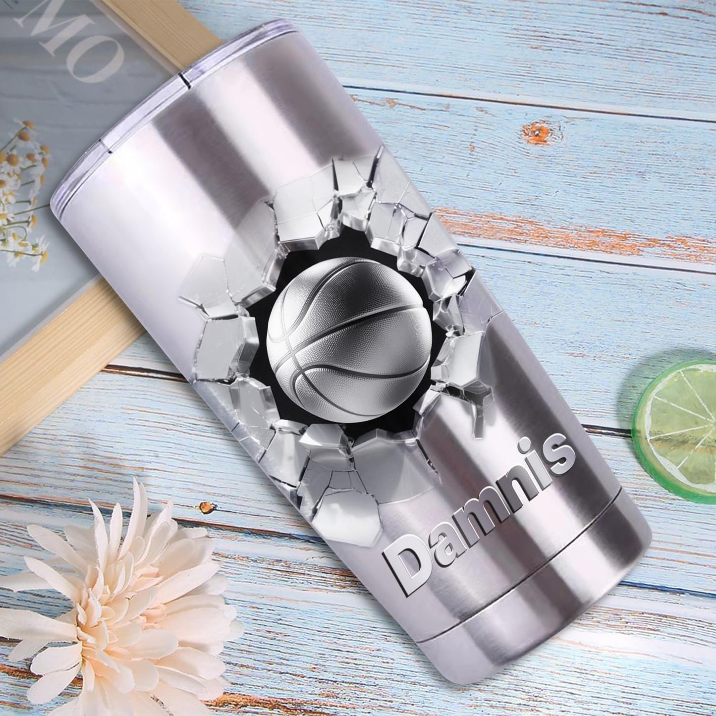 Personalized basketball Ball With 3D Cracked Wall Stainless Steel Silver Tumbler Mug, Custom Name Sport basketball Lovers Player Tumbler Mug,Customized Father's Day Birthday Sport Gift For Dad Men