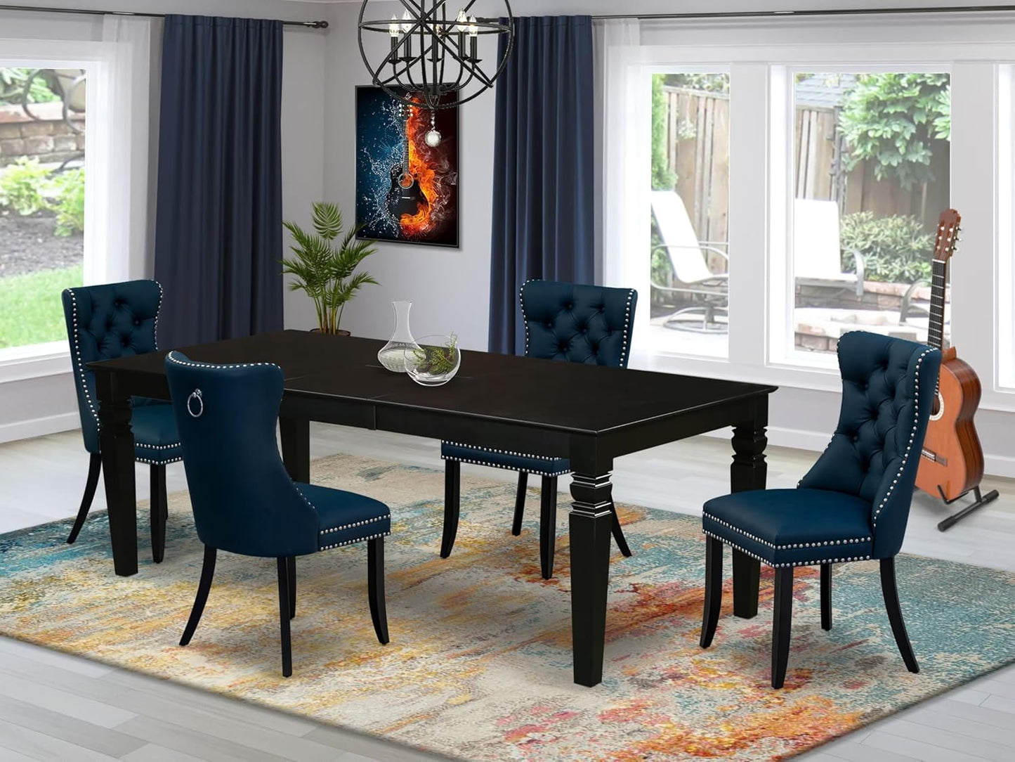 East West Furniture LGDA5-BLK-29 5 Piece Dining Set Includes a Rectangle Wooden Table with Butterfly Leaf and 4 Polyester Fabric Upholstered Chairs, 42x84 Inch, Black