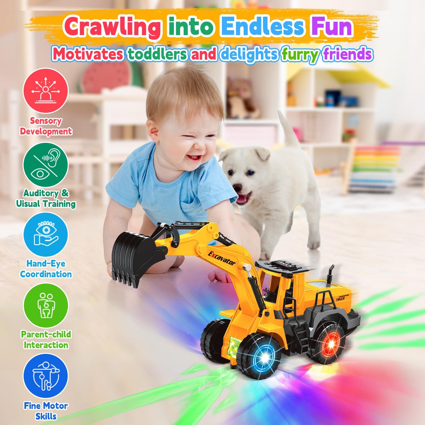 Car Toys for Toddlers, Excavator Toy with 2 Flashing Lights Music, Toy Trucks Construction Vehicle with 1 Moving Arm, Baby Toys for 3 4 5 6 Year Old Boys, Kids Valentine's Day Easter Birthday Gifts