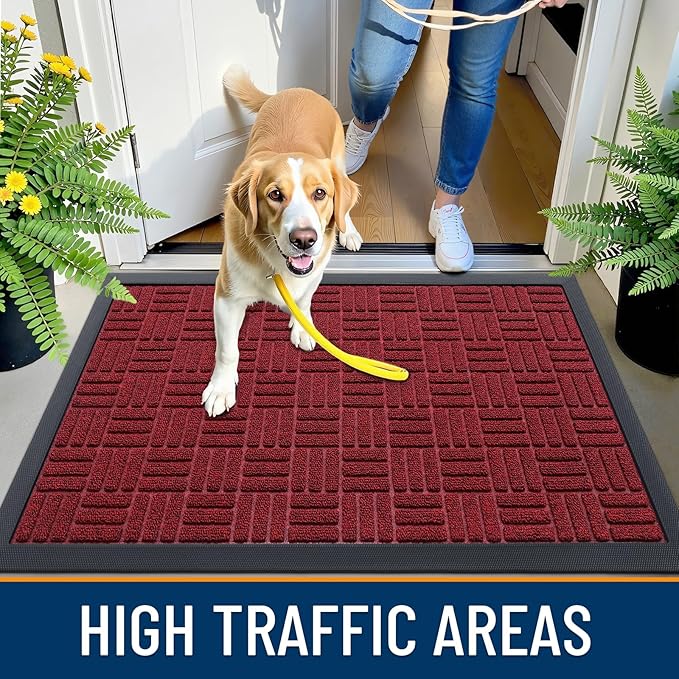 OLANLY Front Door Mat Outside Entrance 47x17, Absorbent, Heavy Duty Sturdy Natural Rubber Doormat Indoor Outdoor, Non-Slip, Stain and Fade Resistant, Low Profile Floor Mat for Entryway, Black Red