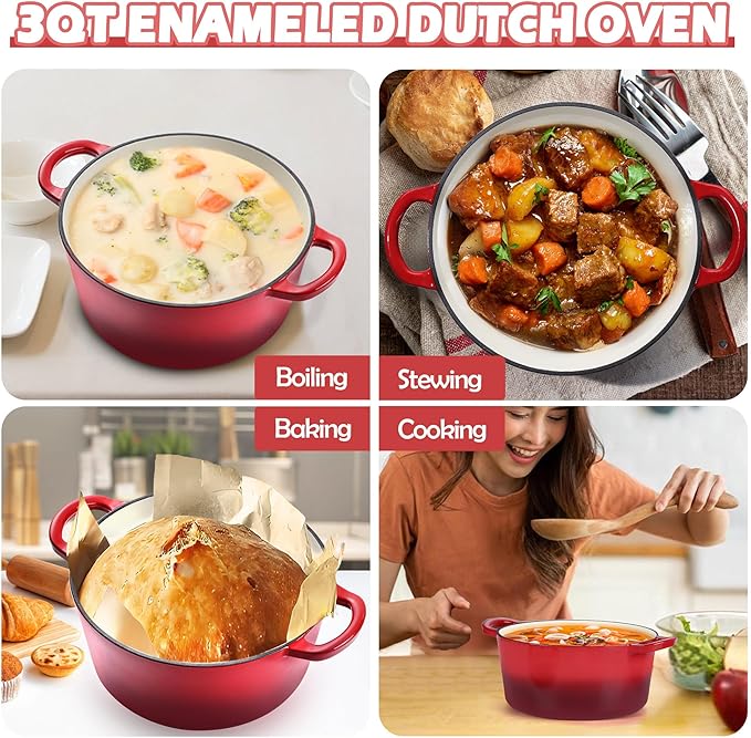 TeamFar 3qt Dutch Oven, Small Enameled Cast Iron Dutch Oven Pot with Lid, For Bread Baking/Stewing/Braising/Frying, Various Stoves & Oven Safe, Non-stick & Easy Clean, Red