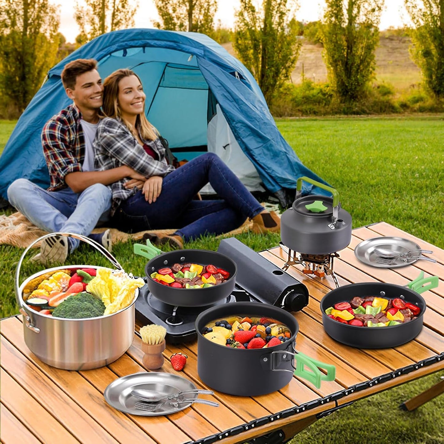 PELLOR Camping Cookware Set, 17pcs Portable Camping Mess Kit with Non-Stick Aluminum Pots, Pans Set and Folding Fork, Lightweight Backpacking Camping Gear for Outdoor/Camping/Picnic/Hiking