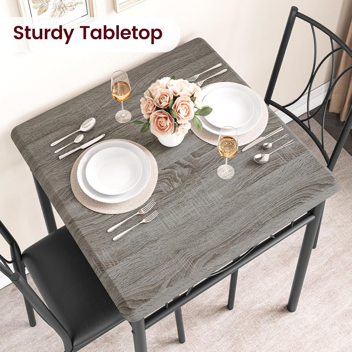 CABIHOME Dining Table Set for 2, 3 Piece Kitchen Table Set with 2 Upholstered Chairs, Square Kitchen Table Set for Small Space, Apartment, Dining Room, Retro Gray