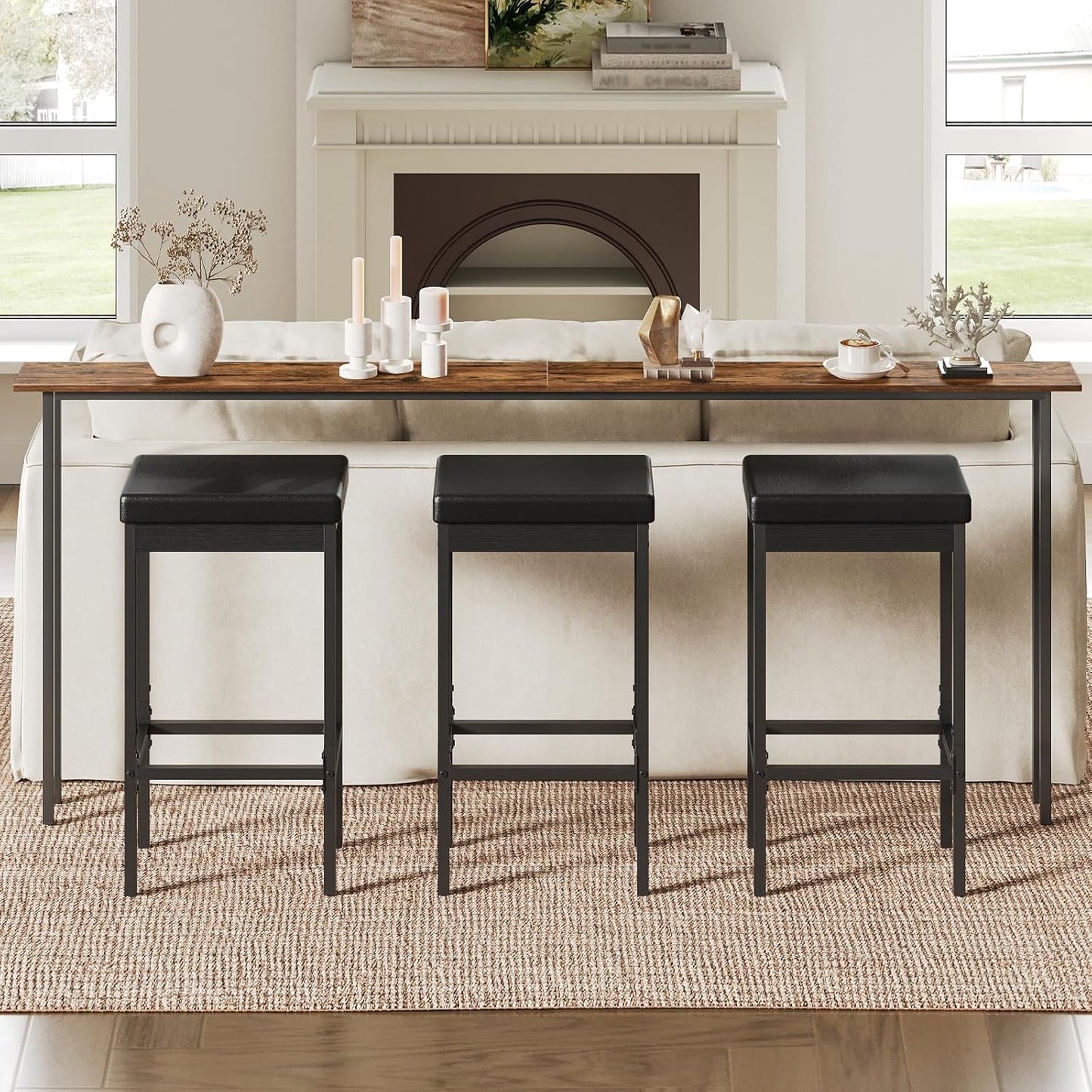 HOOBRO Bar Stools, Set of 3 Modern Black Rectangular Bar Chairs, 24.8-Inch Height, 2" Thick Upholstered Seat with High-Density Sponge, for Kitchen, Dining Room, Cafe, Bar Counter