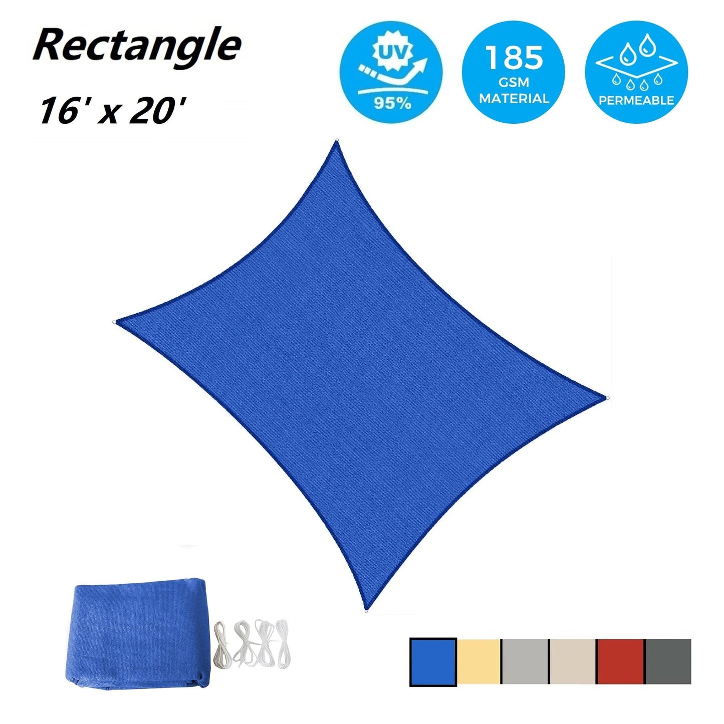 AsterOutdoor Sun Shade Sail Rectangle 16' x 20' UV Block Canopy for Patio Backyard Lawn Garden Outdoor Activities, Blue