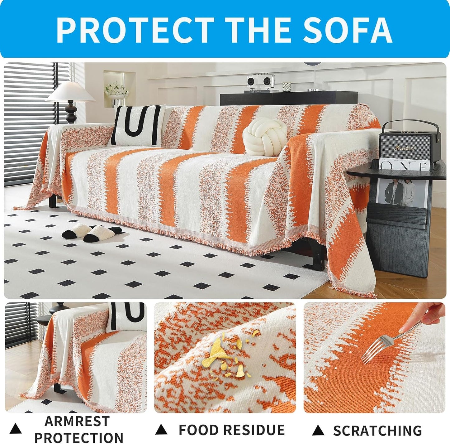 LUFEIJIASHI Boho Couch Covers for Sofa Non Slip Sofa Covers Washable Couch Covers for 3 Cushion Couch Sofa Pet Friendly Sectional Couch Cover Blanket Furniture Protector for Dogs (Orange, 91"x150")