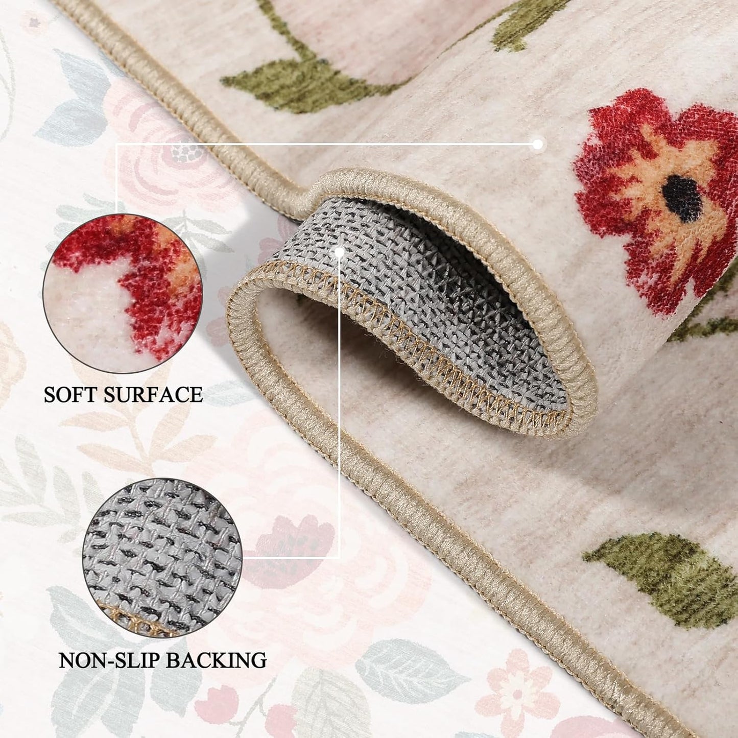 DUKINO Floral Round Rug, 4ft Washable Round Area Rug, Non Slip Indoor Low Pile Circle Rug, Soft Small Boho Design Circle Rug for Bedroom, Entryway, Living Room, Dining Room,Beige