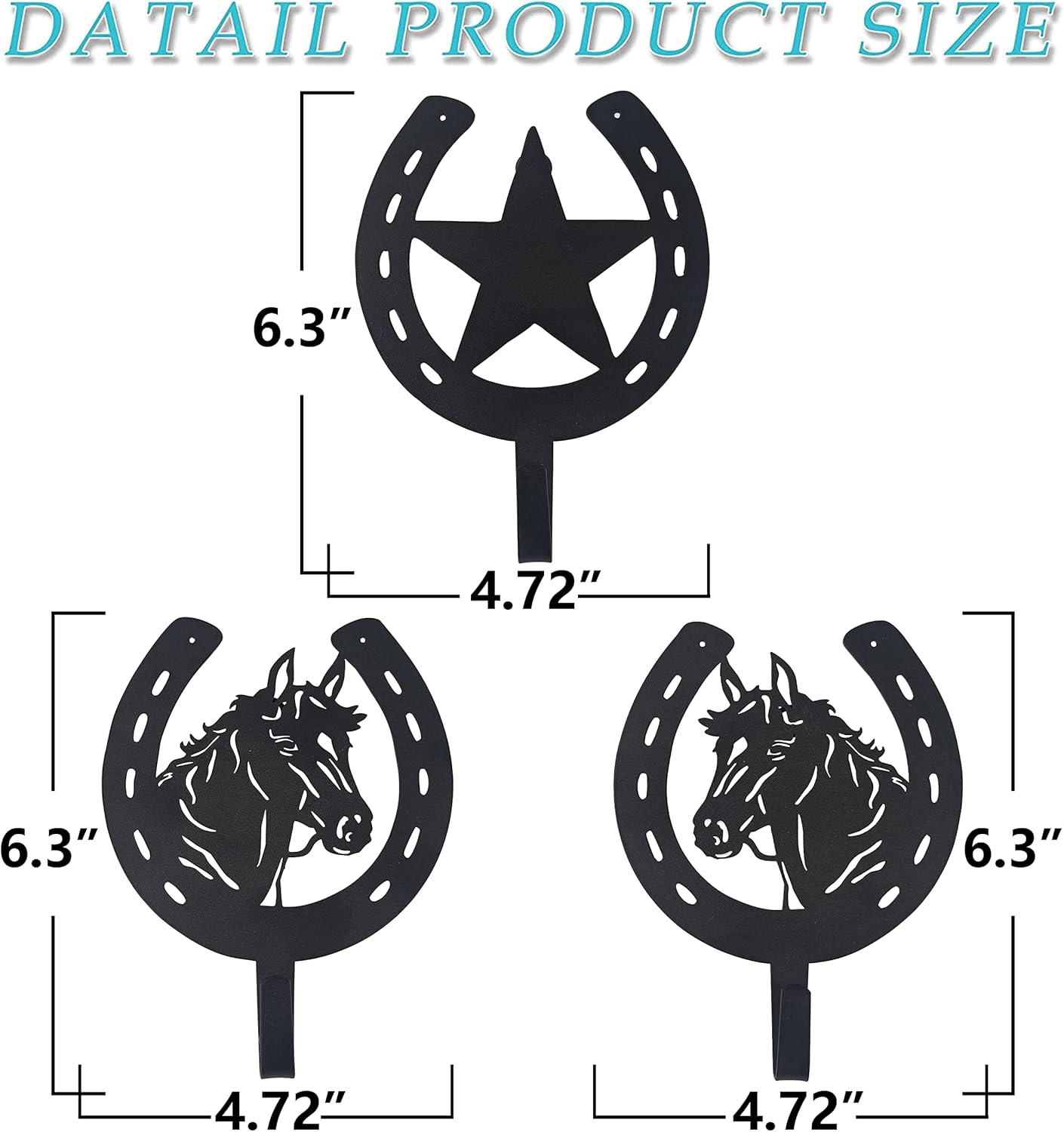 3PCS Horse Star Rustic Ranch Horse Head Hook Coat Hooks, Key Hooks