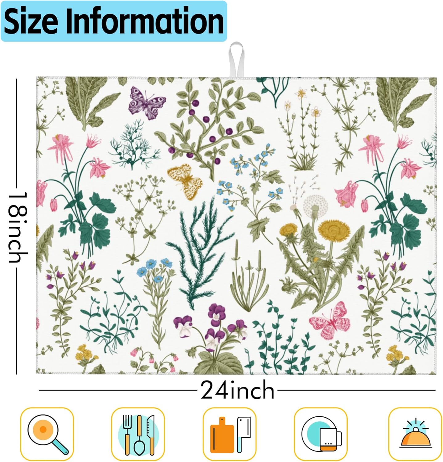 Large Dish Drying Mat for Kitchen Counter,18"X24" Herbs and Wild flowers with Butterfly Absorbent Reversible Microfiber Dish Drying Mat Dish Drainer Mat Drying Pad for Kitchen Countertop Coffee Bar