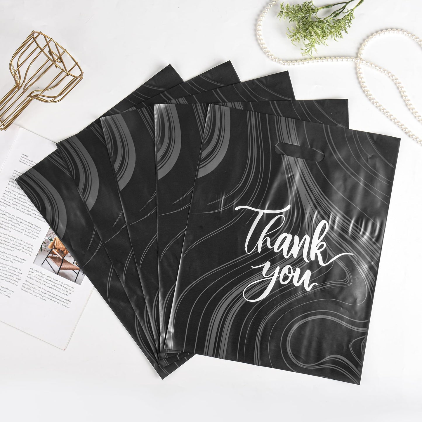 100 Pack Black Thank You Bags, Plastic Bags with Handles, 12 X 15 Inches (2.36 Mil Thickness) for Small Business, Boutique, Retail, Packaging Supplies to Hold Clothes