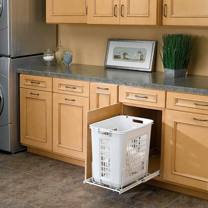 Rev-A-Shelf Pullout 20" Deep Cabinet Floor Steel Mounted Polymer Plastic Clothes Laundry Hamper with Full Extension Slides, White, HPRV-1520 S