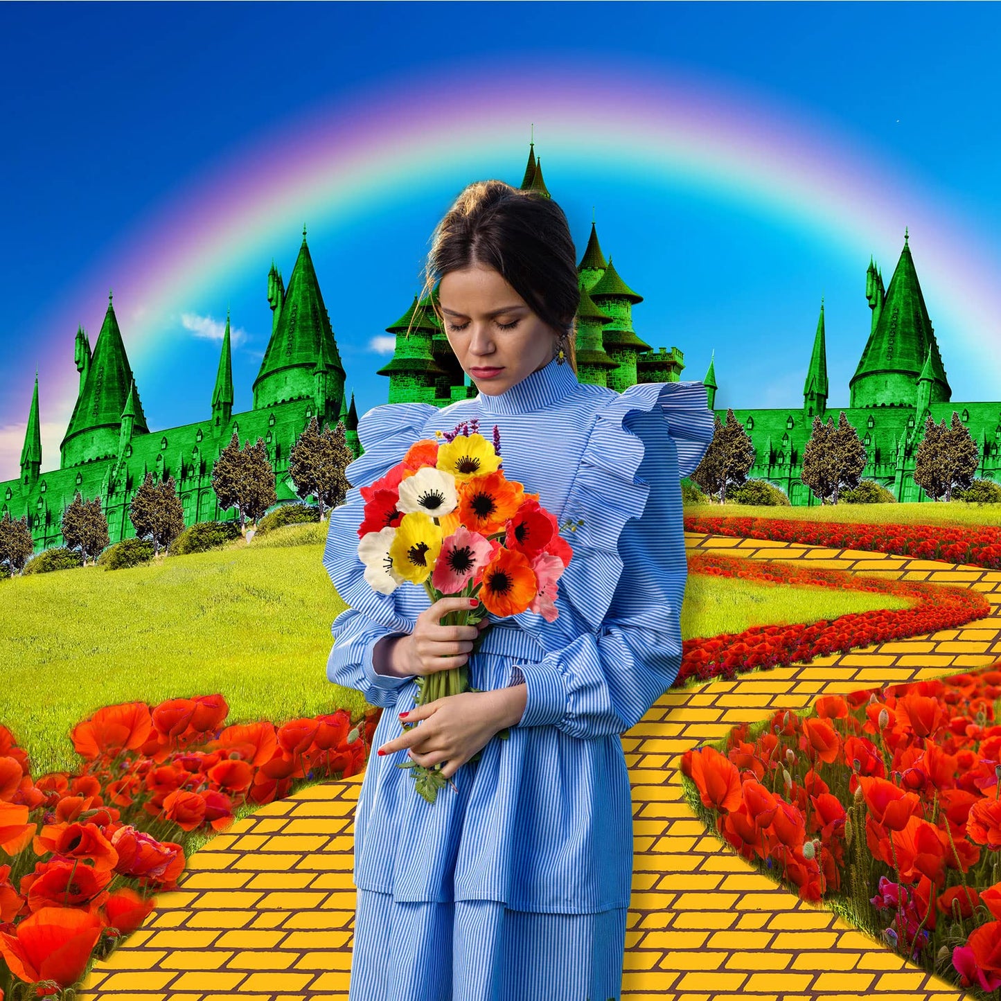 Outus 16 Pcs Yellow Brick Runner Yellow Brick Backdrop Castle Backdrop Floral Rainbow Photography Background Artificial Red Oran