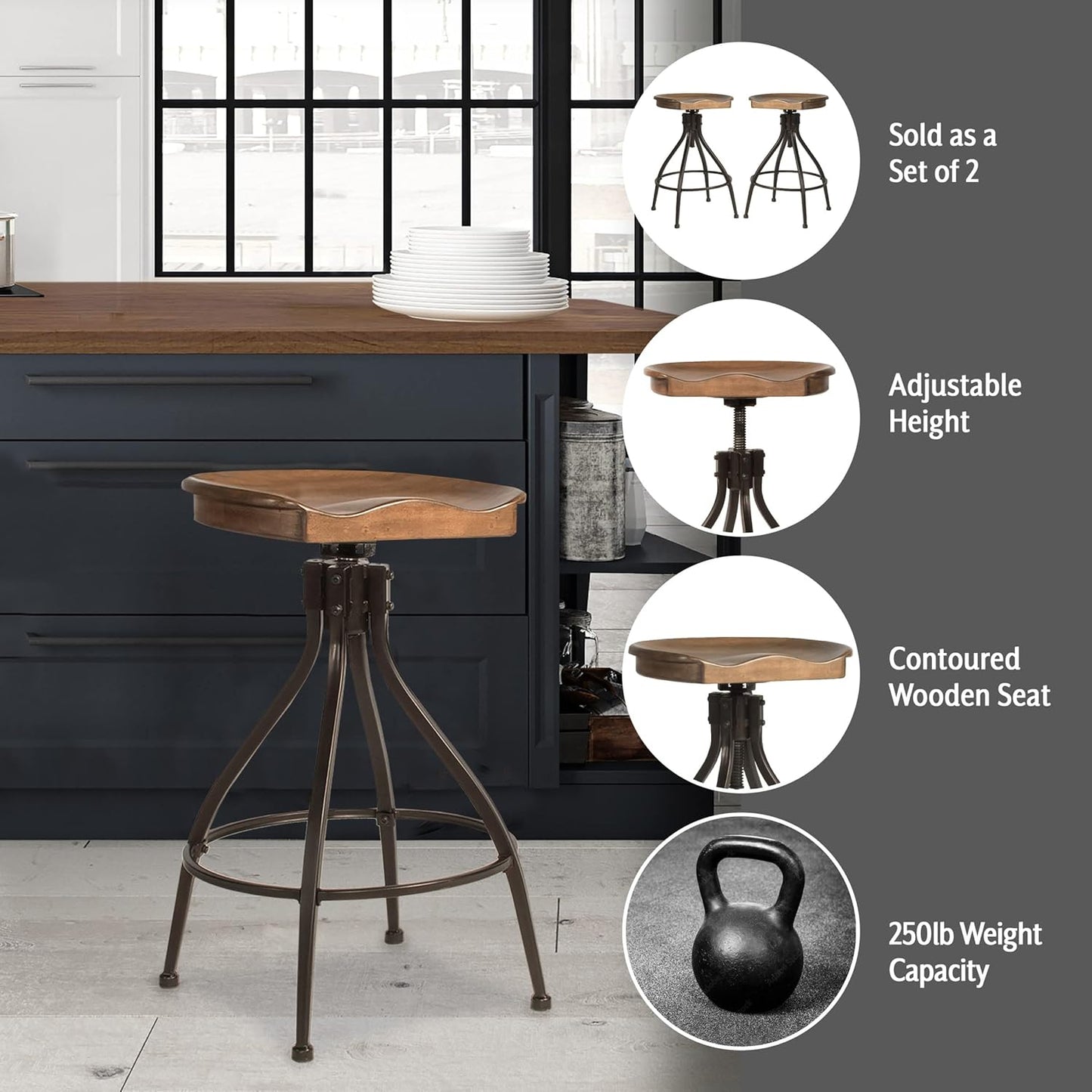 Hillsdale Worland Backless Metal Adjustable Height Stool with Wood Saddle Seat, Set of 2, Brown