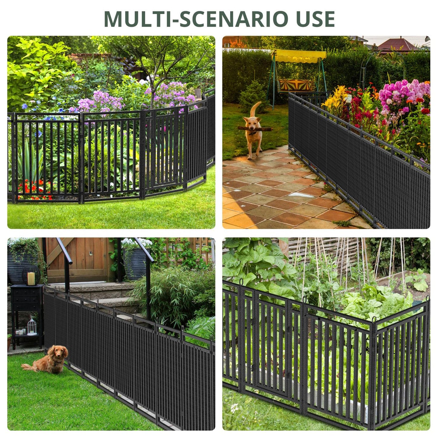 Decorative Garden Fence Metal Dog Fence Outdoor for Yard, 36ft (L) × 40in (H), 14 Panels + 2 Gates, Rustproof Animal Barrier Fencing for Patio & Flower Bed, No Dig, Black-Silver