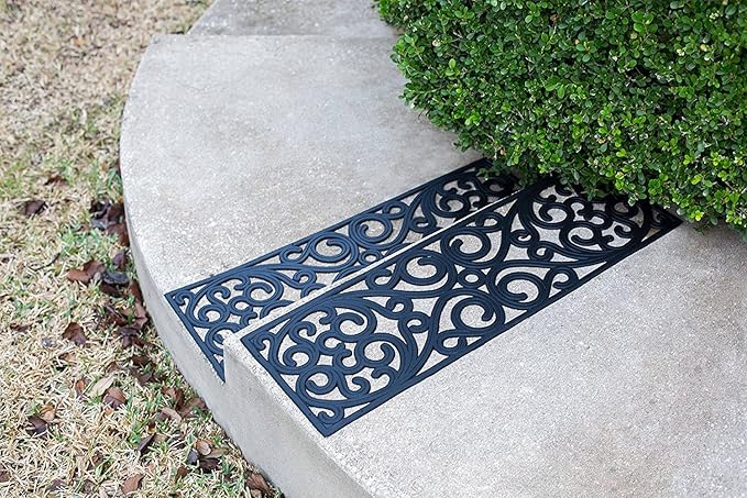 BIRDROCK HOME 10" x 30" Rubber Stair Mat with Scroll Design | Tread Mat | Keeps Your Floors Clean | Outdoor Doormat | Decorative Design (2 Pack)