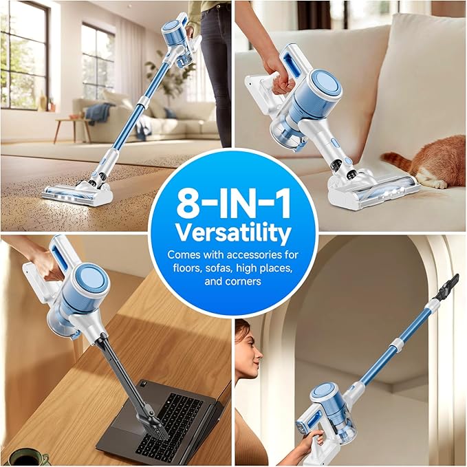 Cordless Vacuum Cleaner for Home - Lightweight, Stick Vacuum Clean with Rechargeable Battery, Max 45Mins Runtime, 8 in 1 Handheld Vacuum for Hardfloor & Carpets Pet Hair, Blue&White