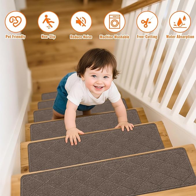 Stair Treads Non-Slip for Wooden Steps, 7Pack - 8" x 30" Edging Stair Runner Indoor for Kids Elders & Pets, Washable Carpet Stair Treads with Peel & Stick Reusable TPE Backing, Brown