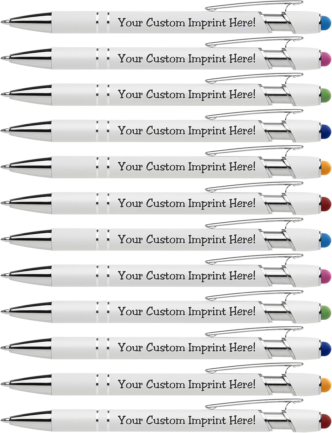 ExpressDesigns™ - Premium Custom Pens with Stylus | Beautiful White | Personalized Soft-Touch Metal Printed Name Pens w/Black Ink - 12 pack (Assorted)