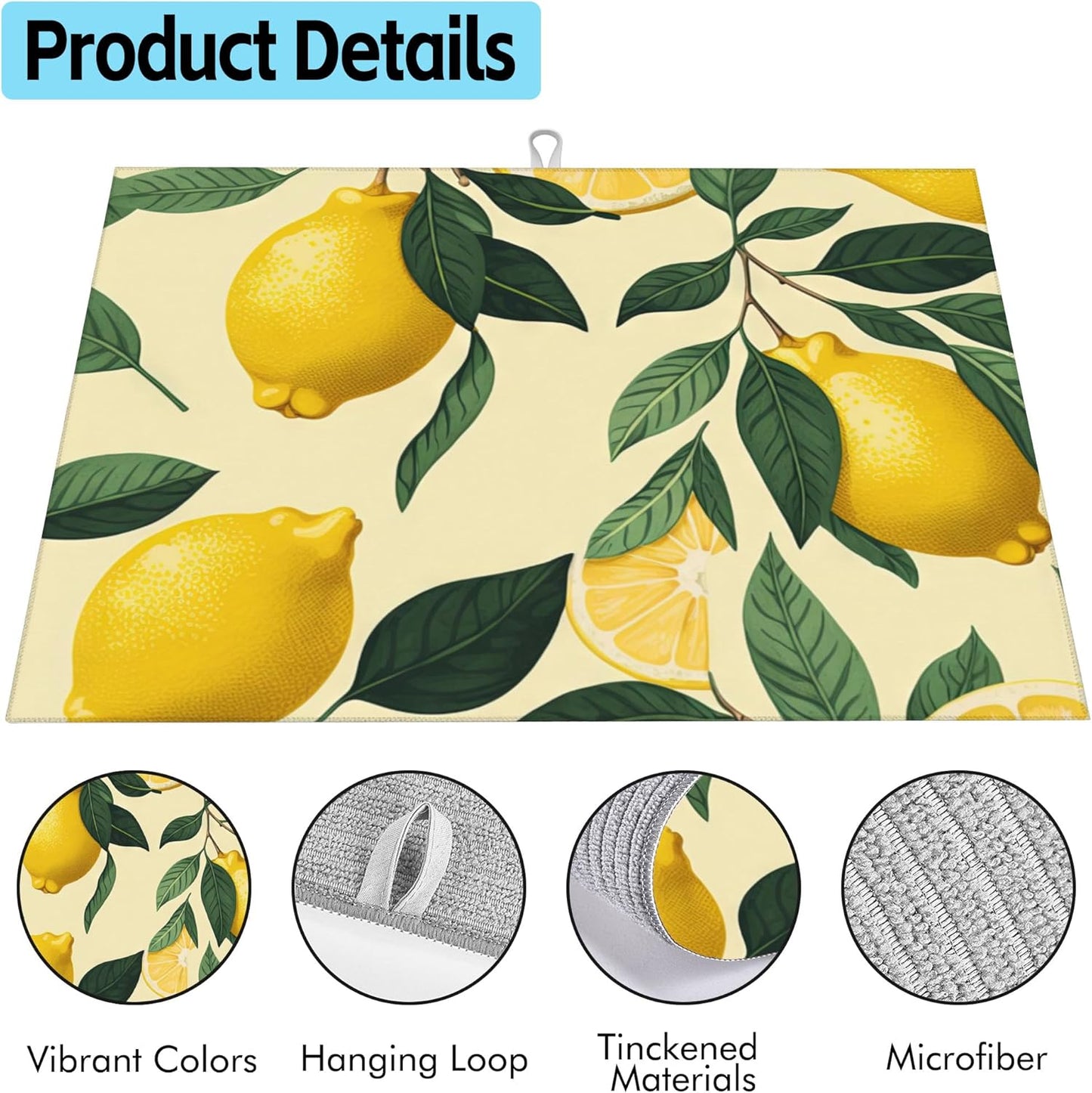 Large Dish Drying Mat for Kitchen Counter,18"X24" Lemons and Green Leaves Absorbent Reversible Microfiber Dish Drying Mat Dish Drainer Mat,Dishes Mat Drying Pad for Kitchen Countertop Coffee Bar
