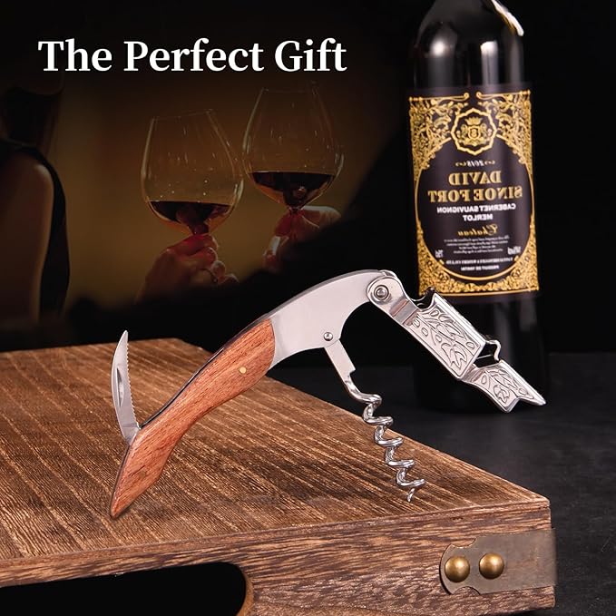 Wine Opener, Wine key, Corkscrew, Wine Bottle Opener w/Foil Cutter and Cap Remover for Servers, Bartenders, Waiters, Sommelier, Wine lover (Grape leaf patterned rosewood, Standard)