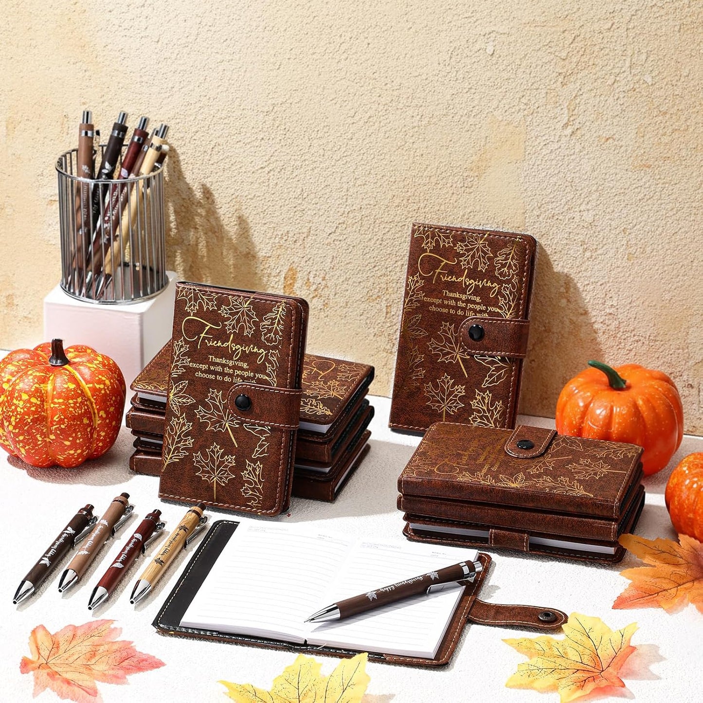 30 Sets/60 Pcs Friendsgiving Gift Bulk Thanksgiving Notebooks Maple Leaf A6 Leather Journal Notepads with Bamboo Pens Friendship Appreciation Gift Thanksgiving Party Favors for Friend Bestie Coworker
