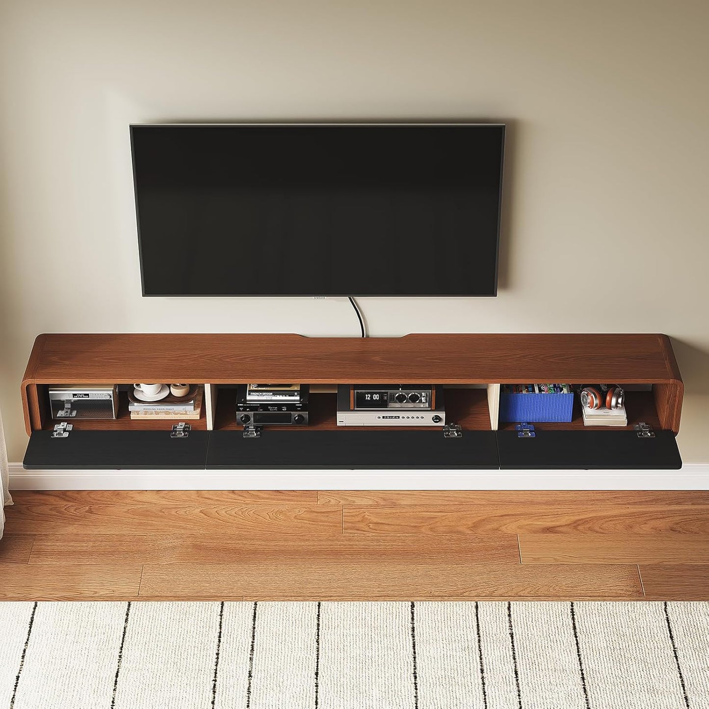 Minimalist 55'' Floating TV Stand with 3 Doors,Solid Wood Wall Mounted TV Console,Floating Entertainment Center with Hidden Storage,Curved Round Edges,Natural Wood Finish(Walnut)