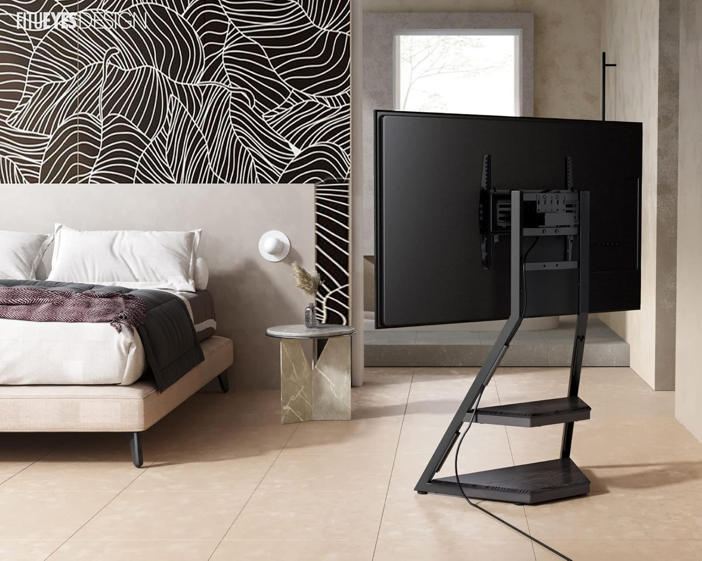 FITUEYES Design Corner TV Stand for 32 43 50 55 65 Inch TVs, Small Spaces Floor TV Stand Rolling TV Cart for LCD/LED Flat Curved Screens, Modern Living Room Television Stands, Eiffel Series, Black