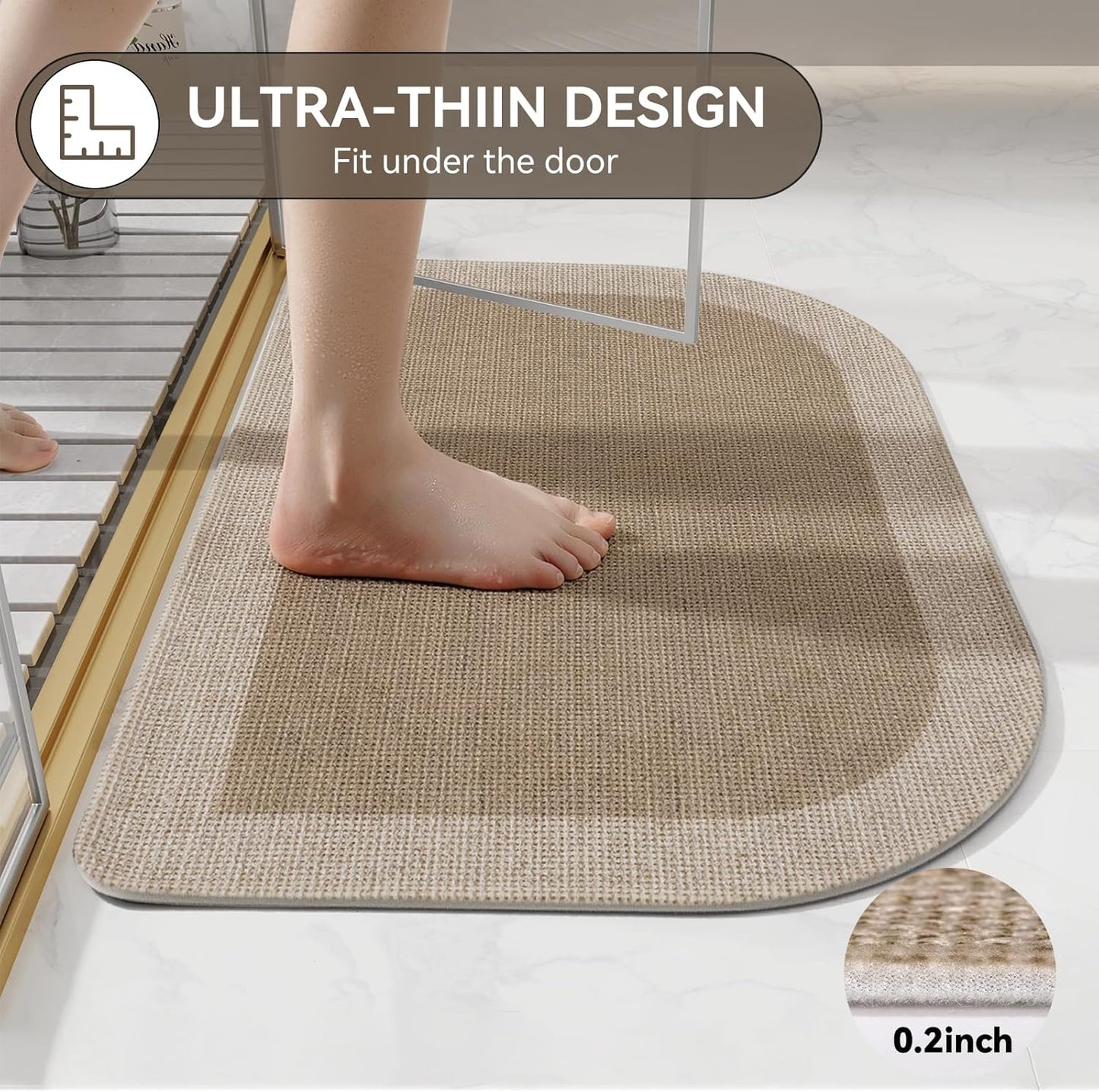 Bathroom Rugs Mat 20x31, Ultra Thin Non Slip Bath Mats for Bathtub Quick Dry Absorbent Rubber Bathroom Mat Fit Under Door, Woven Washable Half Round Bath Rugs Floor, Beige Brown