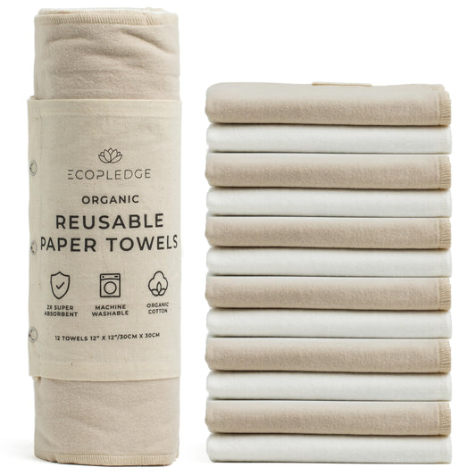 EcoPledge Reusable Paper Towels Washable Roll - Thick 12-pc Two Layered Ultra Absorbent Paperless Certified Organic Cotton Towels - Large Cloth Kitchen Paper Towel with Hanging Loop