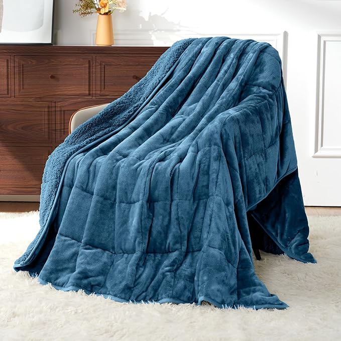 Uttermara Weighted Blankets for Adults Full Size, 15lbs 48x72 inches Blanket with Soft Warm Plush Sherpa Fleece, Washable Thick Heavy Throw for Sleep, Anxiety and Calming, Slate Blue