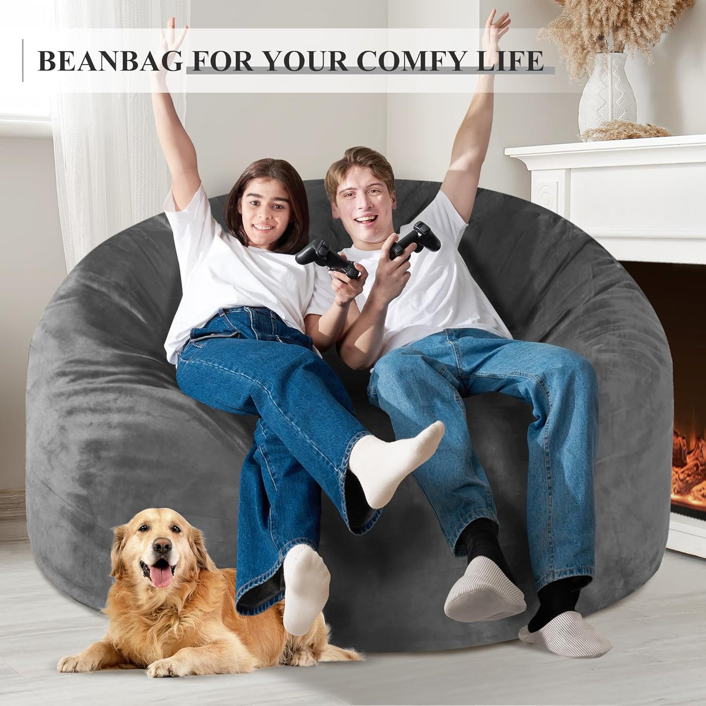 Homguava 5FT Bean Bag Chair Giant BeanBag with Memory Foam Filled, Comfy Bean Bag Chairs for Adults, Adult Bean Bag Chair with Dutch Velvet Cover for Living Room Bedroom-Grey