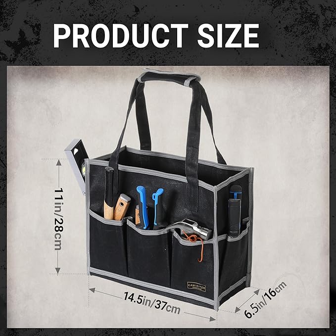 Waxed Canvas Tool Pouch,1 Large Capacity Pocket & 14 Pockets Garden Tool Storage Bag, 14.5 X 6.5 X 11 inch Muti-Purpose Tool Bag with Padded Handle | Black