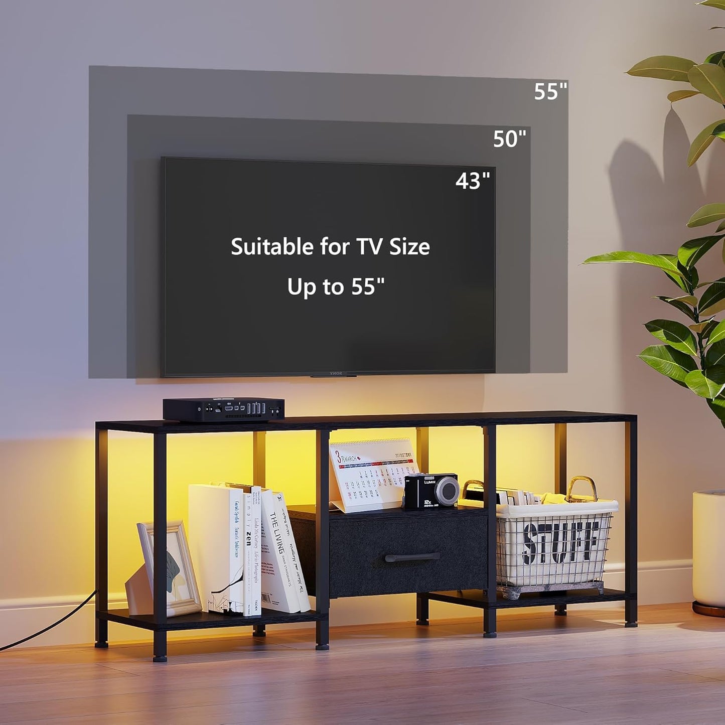 TV Stand with LED Lights, Entertainment Center with Open Shelves and Fabric Drawer, Media Console for 55 Inch TV, Television Stands for Living Room, Bedroom, Black