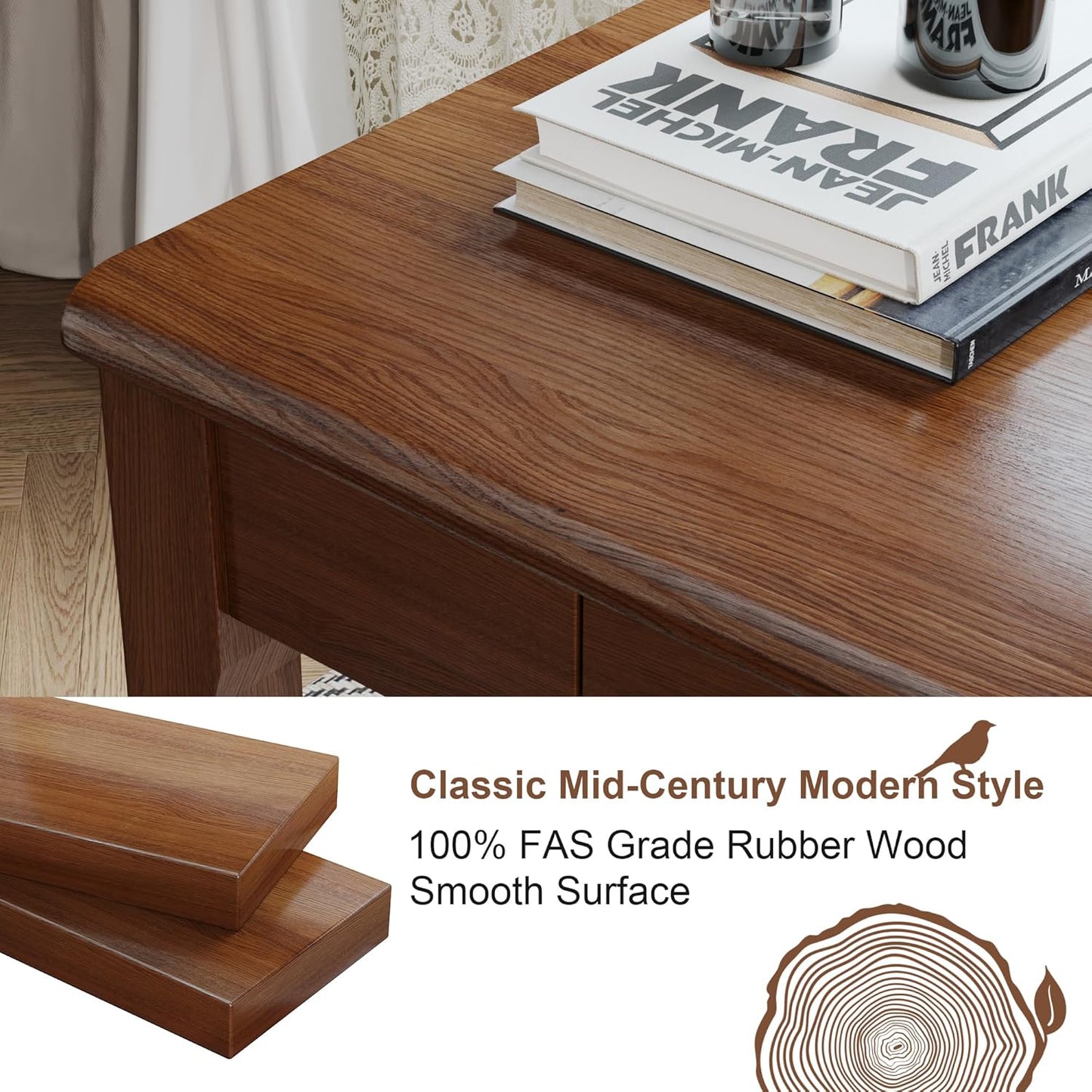 Solid Wood Desk with Drawers - 24 x 16 Inch Vintage Narrow Desks, Mid Century Modern Desks, Rubber Wood Study Table, Small Writing Desk for Bedroom|Small Spaces - Walnut Color
