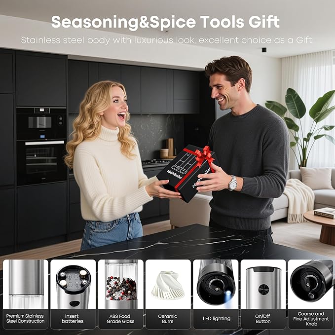 Electric Salt and Pepper Grinder Set One-hand Operated, Adjustable Coarseness, Stainless Steel body Ceramic Burrs,Pepper Shakers Mills with LED Light,House Warming Cooking Gift (2)