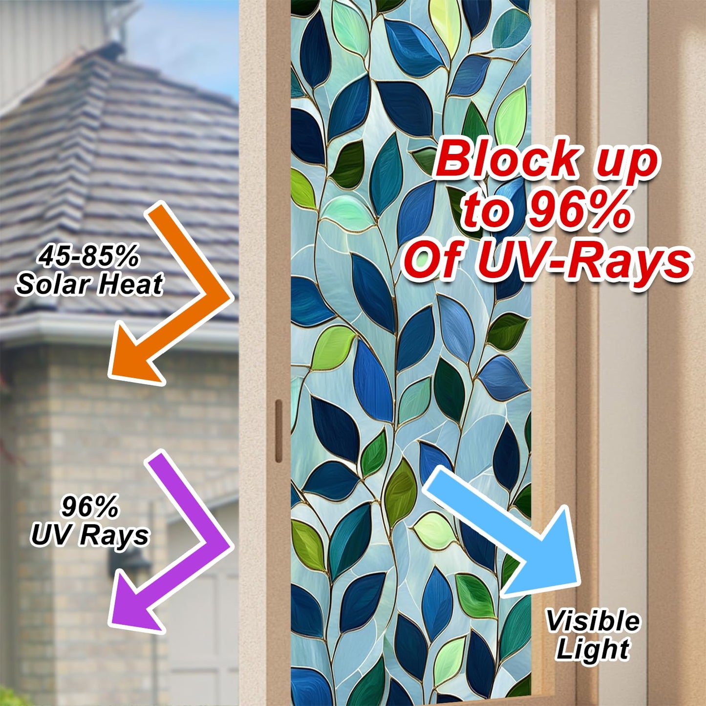 HOMETITUTE Green Leaf Window Privacy Film Blue Stained Glass Privacy Stained Glass Window Film Decorative Living Room Sun Blocking Decor Removable Static Cling Sticker 17.71x39.97inch