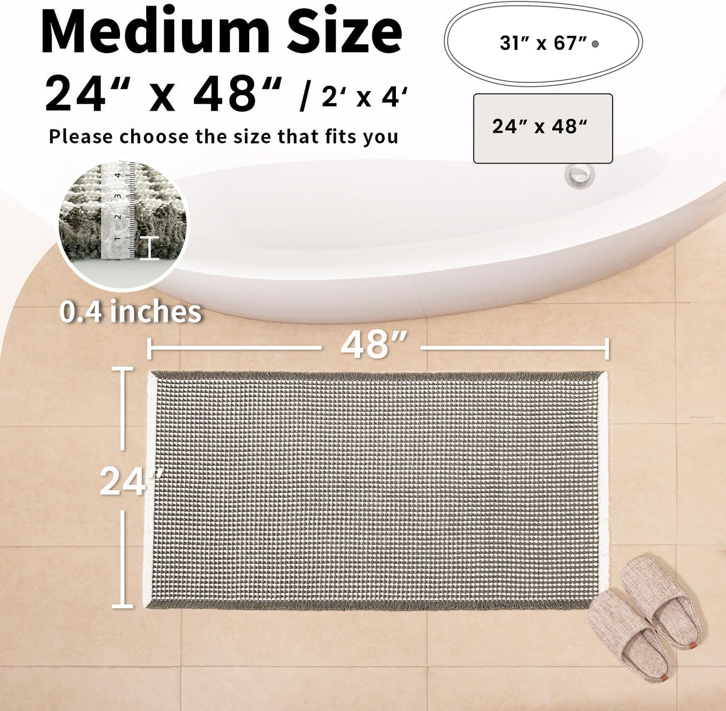 Waffle Bath Mat - Boho Bathroom Rugs Non Slip Washable, Super Absorbent & Quick Dry, Soft Bath Mat Farmhouse Bathroom Decor, 24'' x 48'', Olive Green and White