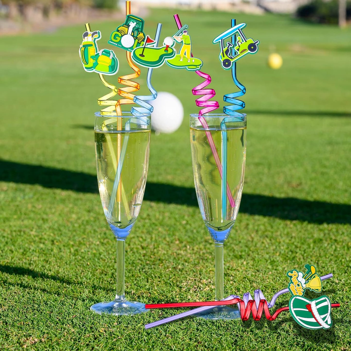 Eaasty 24 Pcs Golf Party Favors Twisty Golf Straws Par Tee Plastic Reusable Drinking Straws for Birthday Baby Shower Retirement Sport Themed Party Supplies, 8 Styles 8 Colors