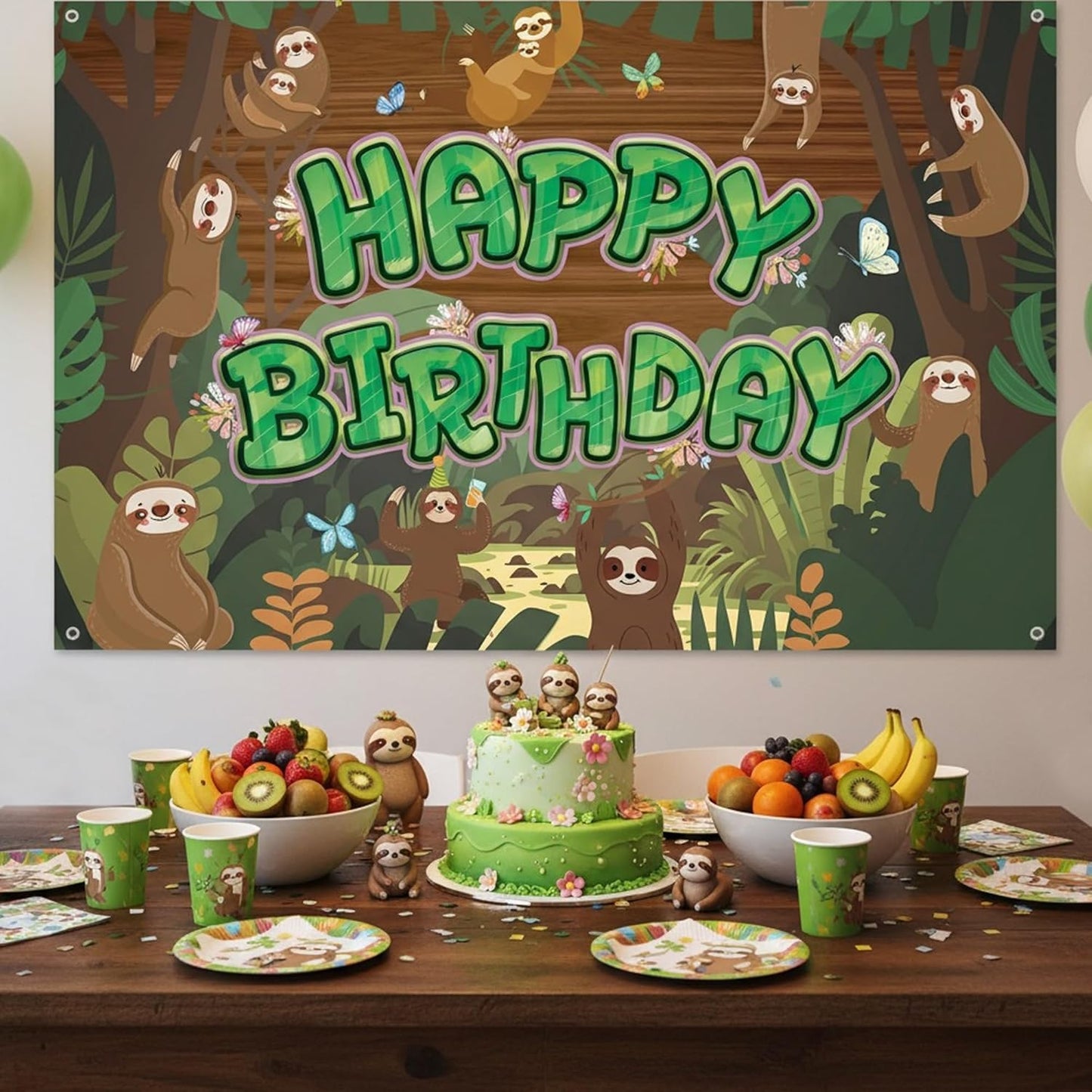 Sloth Happy Birthday Backdrop Banner - Cute Sloth Themed Birthday Photo Background with Tropical Leaves, Jungle Rainforest Cute Animal Party Decorations for Kids Boys Girls