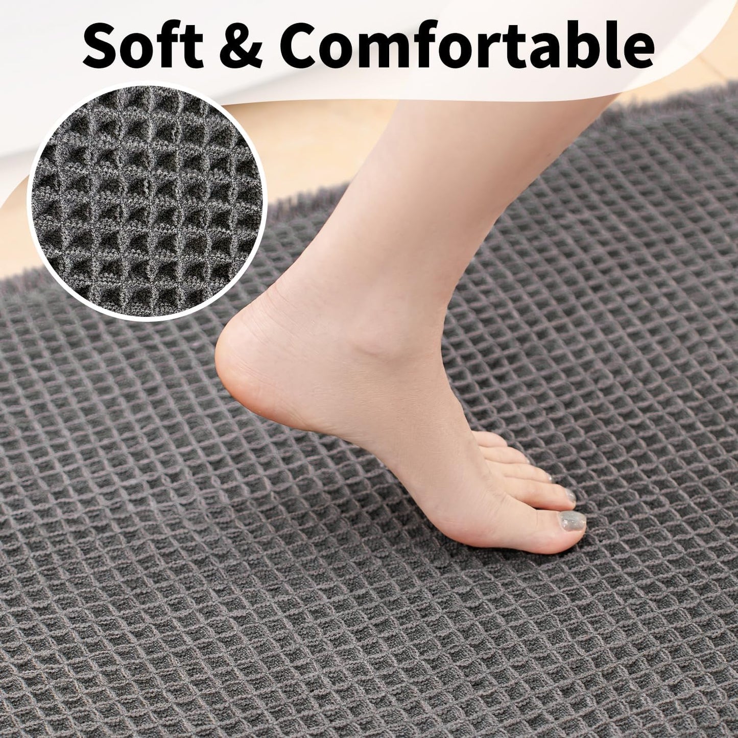 Waffle Bath Mat - Boho Bathroom Rugs Non Slip Washable, Super Absorbent & Quick Dry, Soft Bath Mat Farmhouse Bathroom Decor, 20'' x 48'', Dark Grey