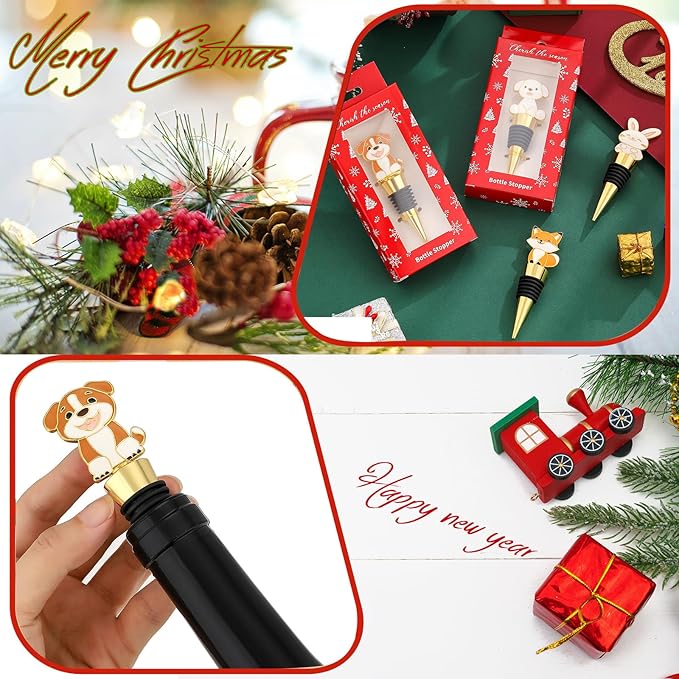 Christmas Wine Bottle Stopper,4 Pieces Christmas Dog Rabbit Fox Decorative Xmas Wine Bottle Stopper,Metal Reusable Christmas Bottle Stoppers for Wine, Champagne and Beer Collection (Animal)