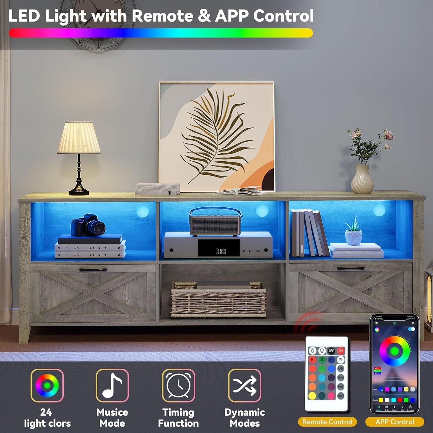 DWVO 70 Inch Farmhouse TV Stand with LED Lighting, Fits TVs up to 80 Inches, Media Console with Storage and Customizable Divider, Entertainment Center for Living Room (Grey)