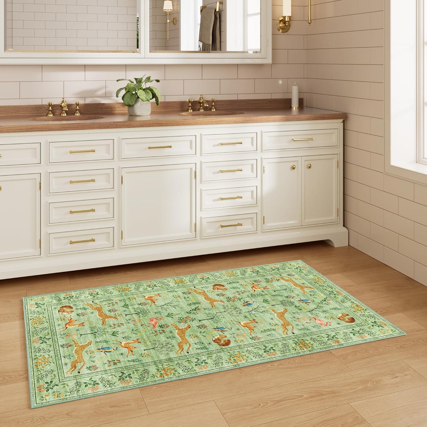 DUKINO 2x5 Rug for Hallway, Washable Kitchen Runner Rug with Non Slip Backing, Soft Low Pile Vintage Animal Runner for Bedroom, Kitchen, Hallway, Entryway, Laundry, Light Green