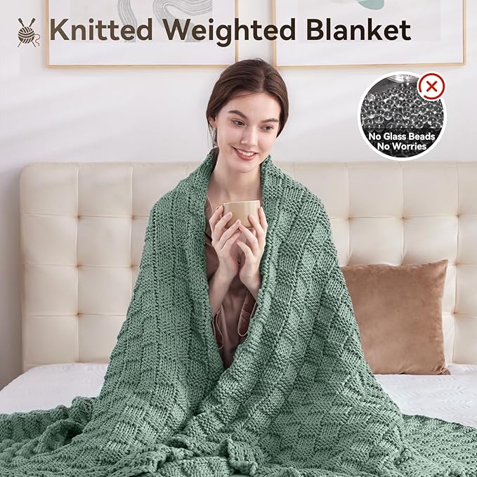 Knitted Weighted Blanket Kids, No Beads Heavy Blanket 40” x 60'' 7lbs, Breathable Chunky Knit Blanket, Cooling Weighted Blanket for Hot Sleepers, Christmas Home Decor (Light Green)